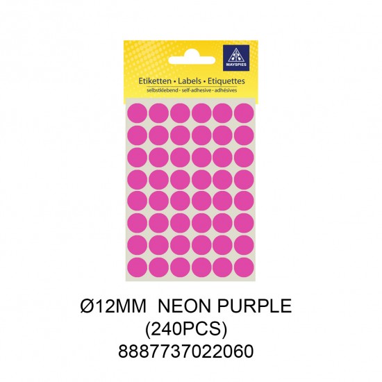 MAYSPIES MS012 COLOUR DOT LABEL / 5 SHEETS/PKT / 240PCS / ROUND 12MM NEON PURPLE